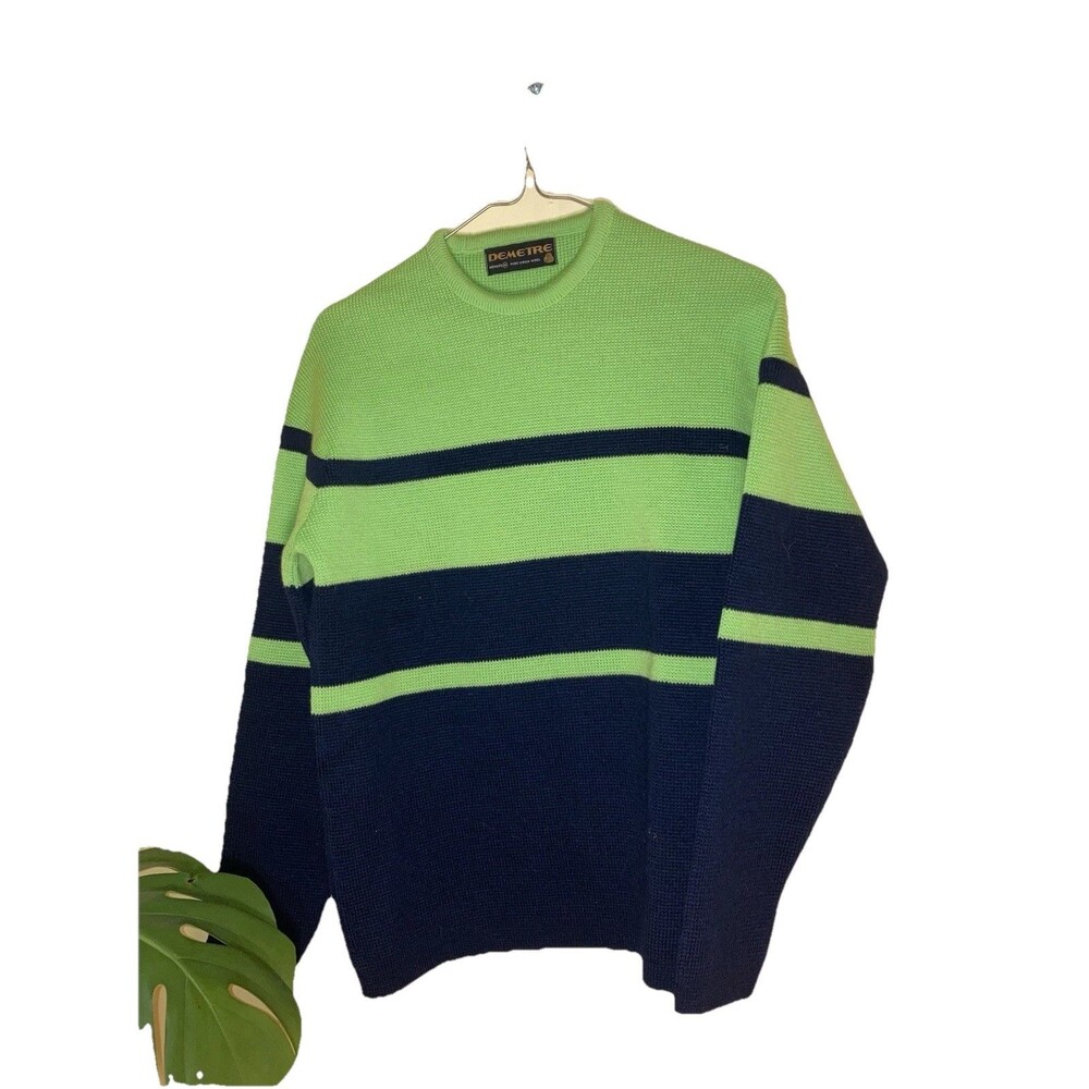 Vintage Demetre Lime Green Black/Navy Heavy 100% Wool Striped Ski Sweater Sz M